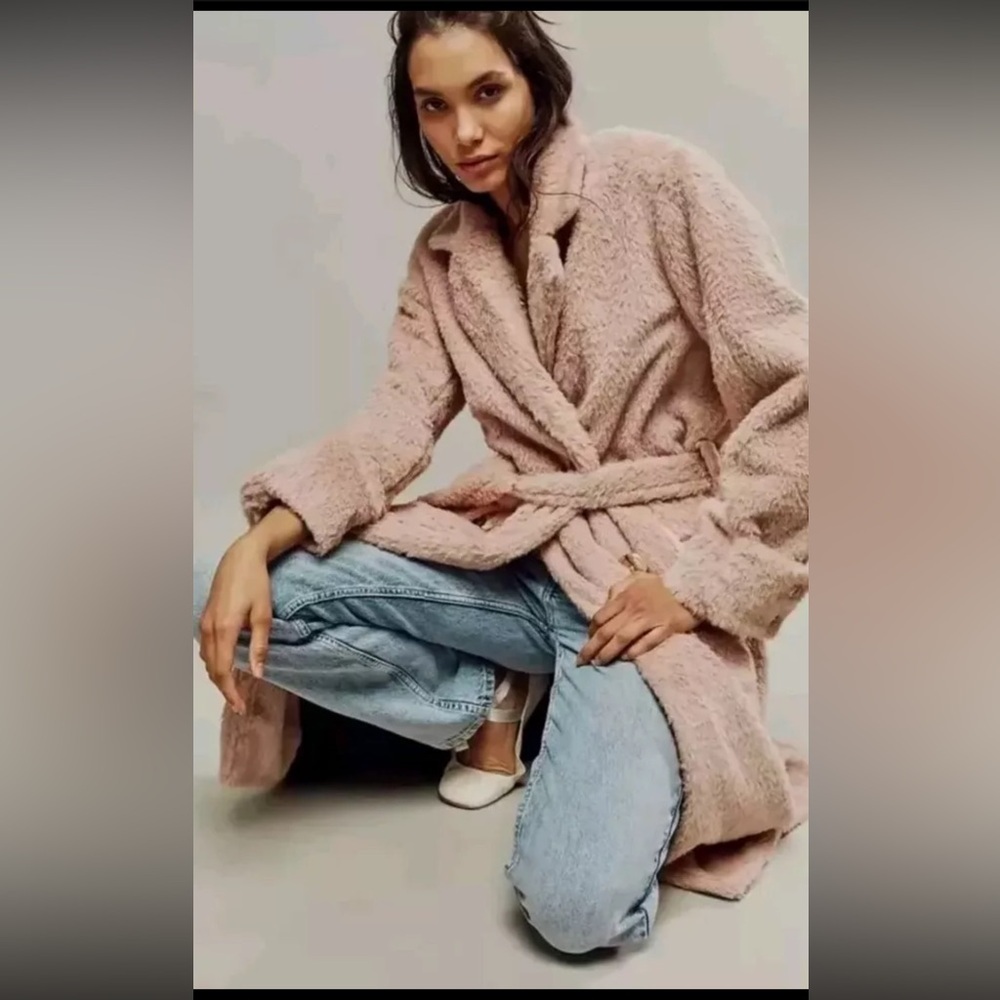 Free People Cuff it Coat Pink Teddy Faux Fur Trench Coat Jacket NWT Size Large